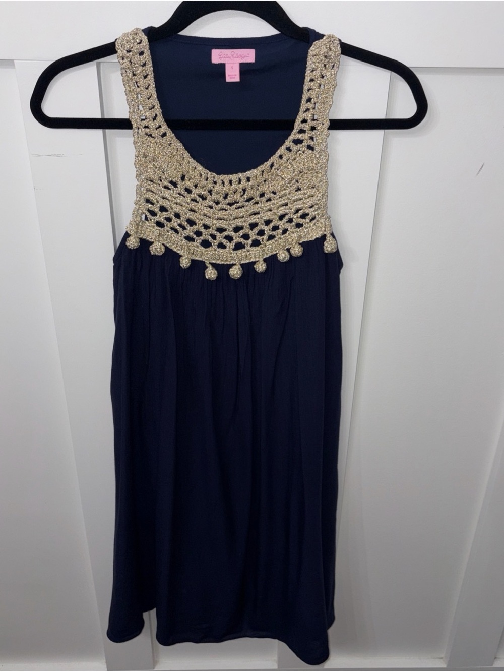 Blue Dress with Gold Crochet Trim - Lilly Pulitzer Rochelle Dress-Small